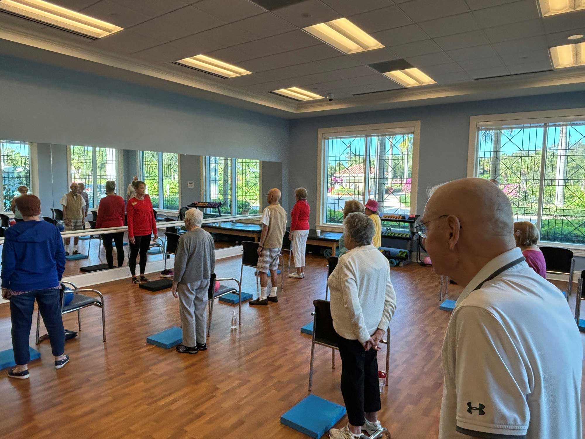 a group of seniors participating in a chair yoga class